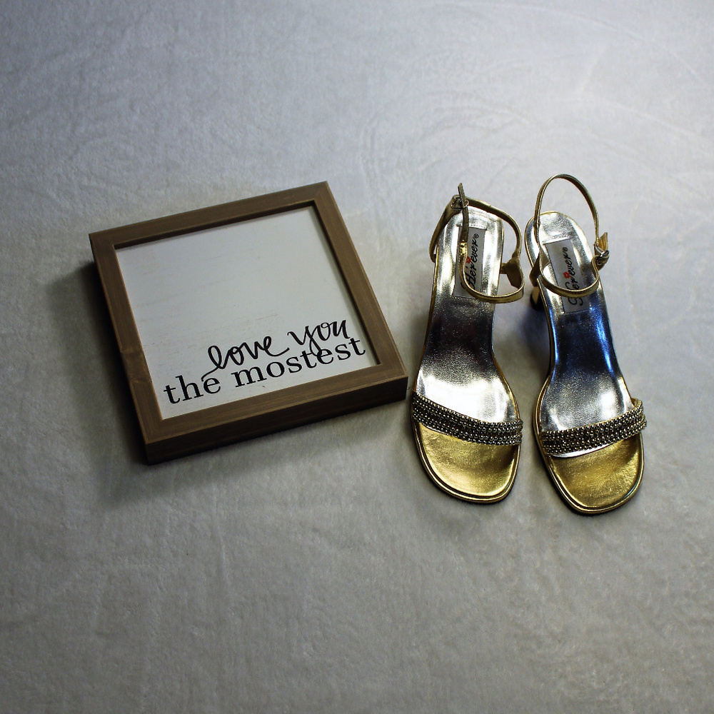 Gold 3 inch heel beaded sandal size 7.5